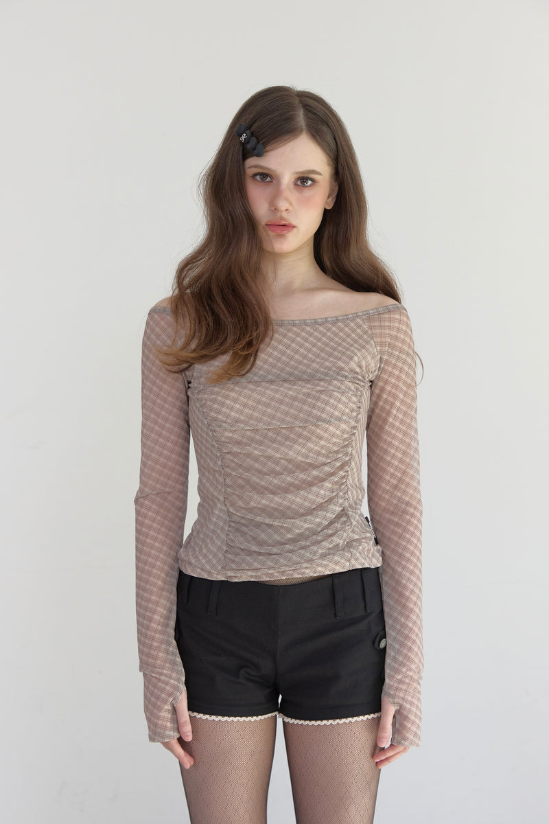 Check Shirring Off-Shoulder Top -beige – unsually