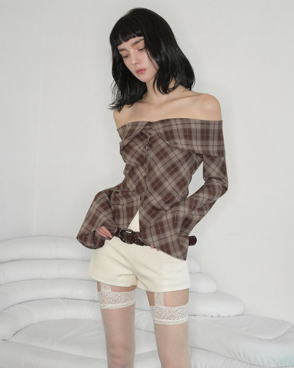 トップス unusually Check Off-shoulder(ivory) Check Off-shoulder(brown) – unsually