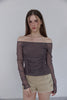 Check Shirring Off-Shoulder Top -brown