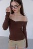 Lace Detail Off-Shoulder Top -brown