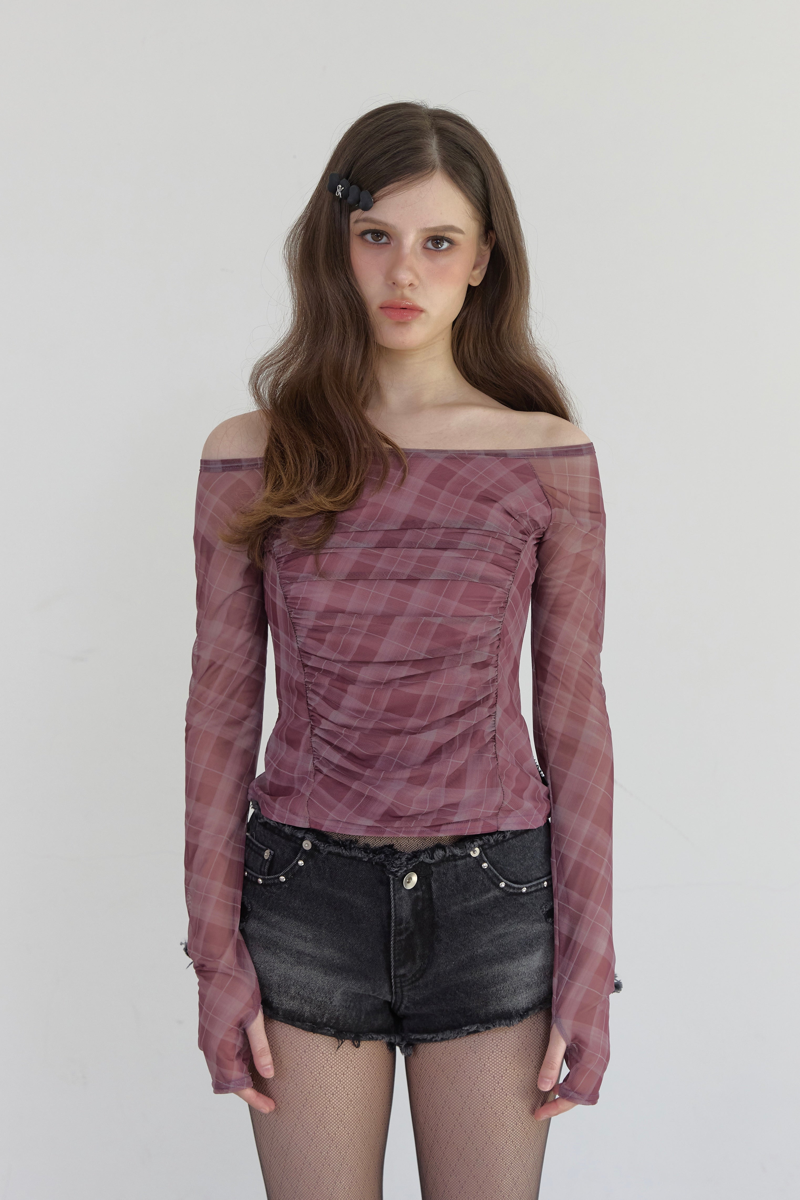 Check Shirring Off-Shoulder Top -wine – unsually