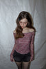 Check Shirring Off-Shoulder Top -wine