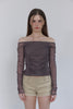 Check Shirring Off-Shoulder Top -brown