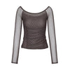 Check Shirring Off-Shoulder Top -brown