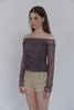 Check Shirring Off-Shoulder Top -brown