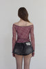 Check Shirring Off-Shoulder Top -wine