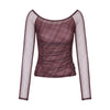 Check Shirring Off-Shoulder Top -wine