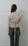 Slim-Fit Ribbon-Tie Blouse -Baby Pink