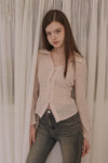 Slim-Fit Ribbon-Tie Blouse -Baby Pink