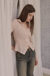 Slim-Fit Ribbon-Tie Blouse -Baby Pink