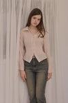 Slim-Fit Ribbon-Tie Blouse -Baby Pink