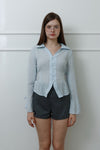Slim-Fit Ribbon-Tie Blouse -light blue