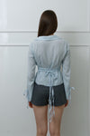 Slim-Fit Ribbon-Tie Blouse -light blue