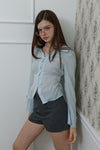 Slim-Fit Ribbon-Tie Blouse -light blue