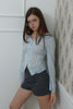 Slim-Fit Ribbon-Tie Blouse -light blue