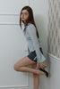 Slim-Fit Ribbon-Tie Blouse -light blue