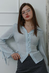 Slim-Fit Ribbon-Tie Blouse -light blue